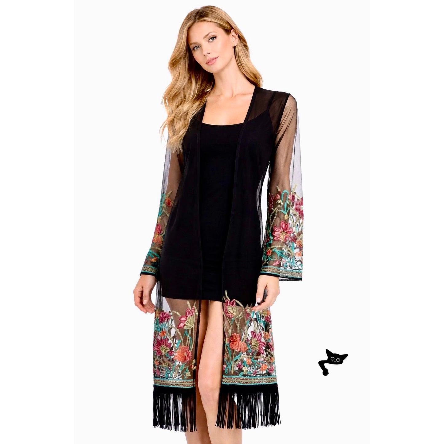 Sheer Floral Embroidered Fringe Kimono Duster Black Women’s M
