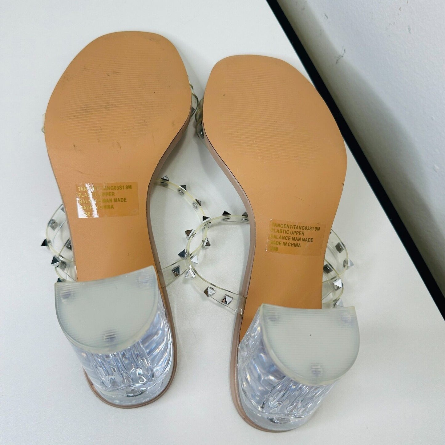 Steve Madden Nude Lucite Tangent Cone Heel Clear Silver Studded Strappy Sandal 9