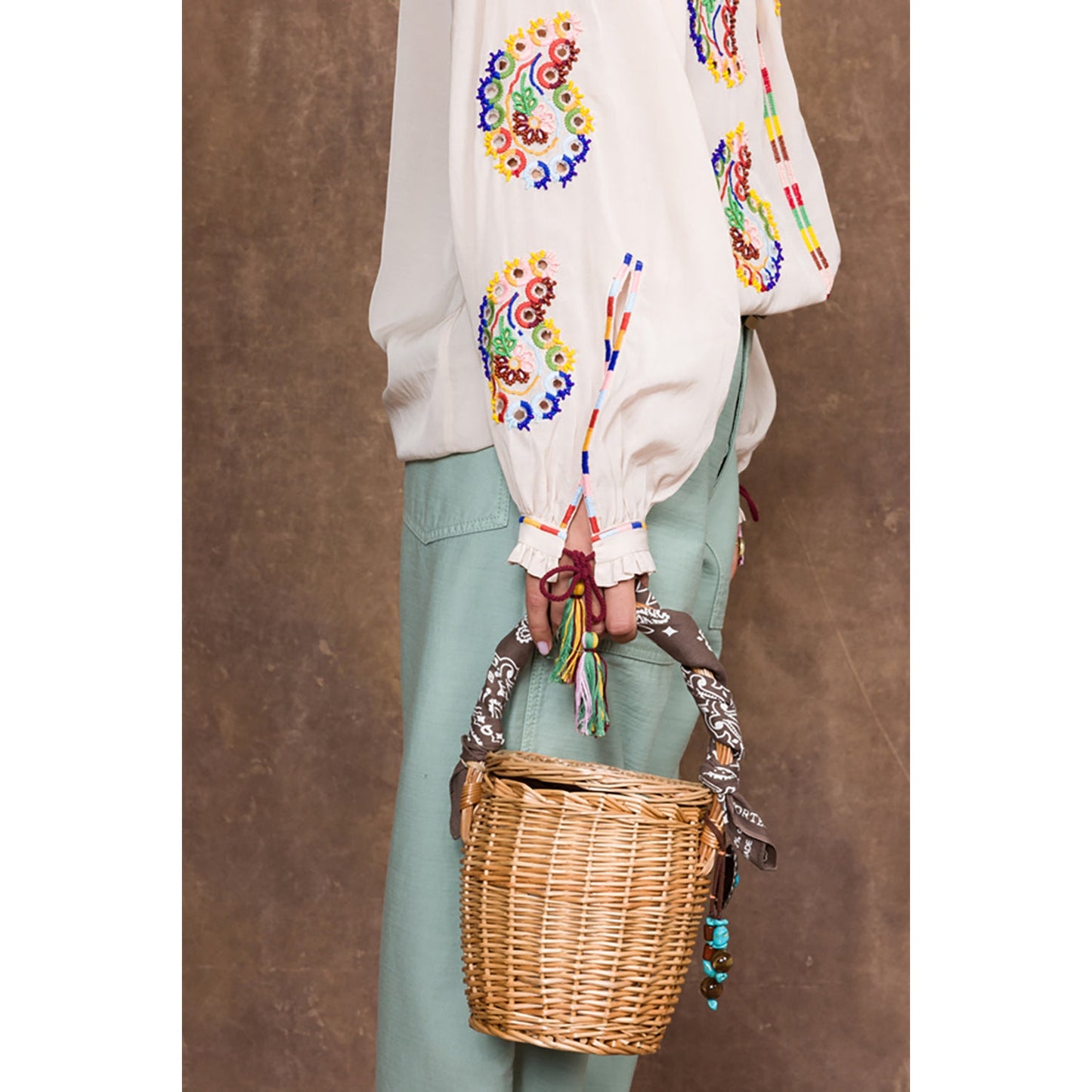 Fortela Ghodsi Tan Multicolor Beade Embroider Print Peasant Blouse 40