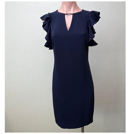 Trina Turk Navy Ruffle Sleeve Keyhole Sheath Cocktail Dress XS