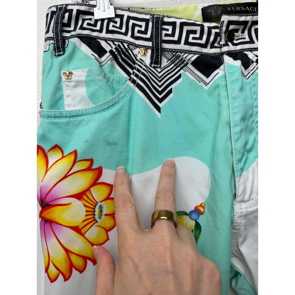 Versace Multicolor Floral Medusa Greek Key Print Cotton Jeans Men's US 34