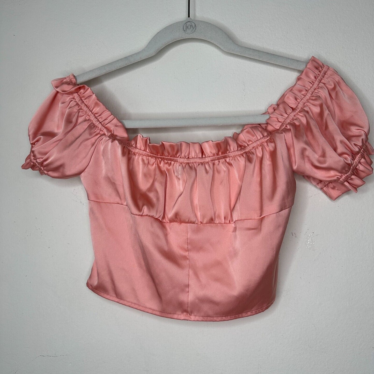 Nasty Gal Peachy Pink Satin Bodice Off Shoulder Crop Tie Close Ruffle Edge Top 6