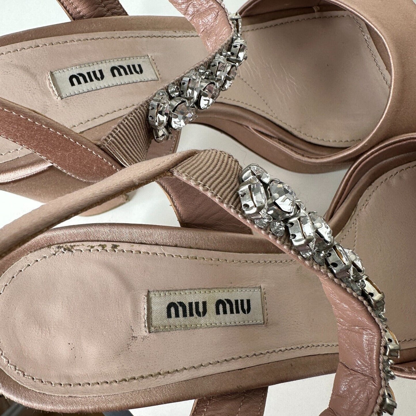 Miu Miu Nude Calzature Donna Satin Crystal Ankle Strap Platform Block Heels 10.5