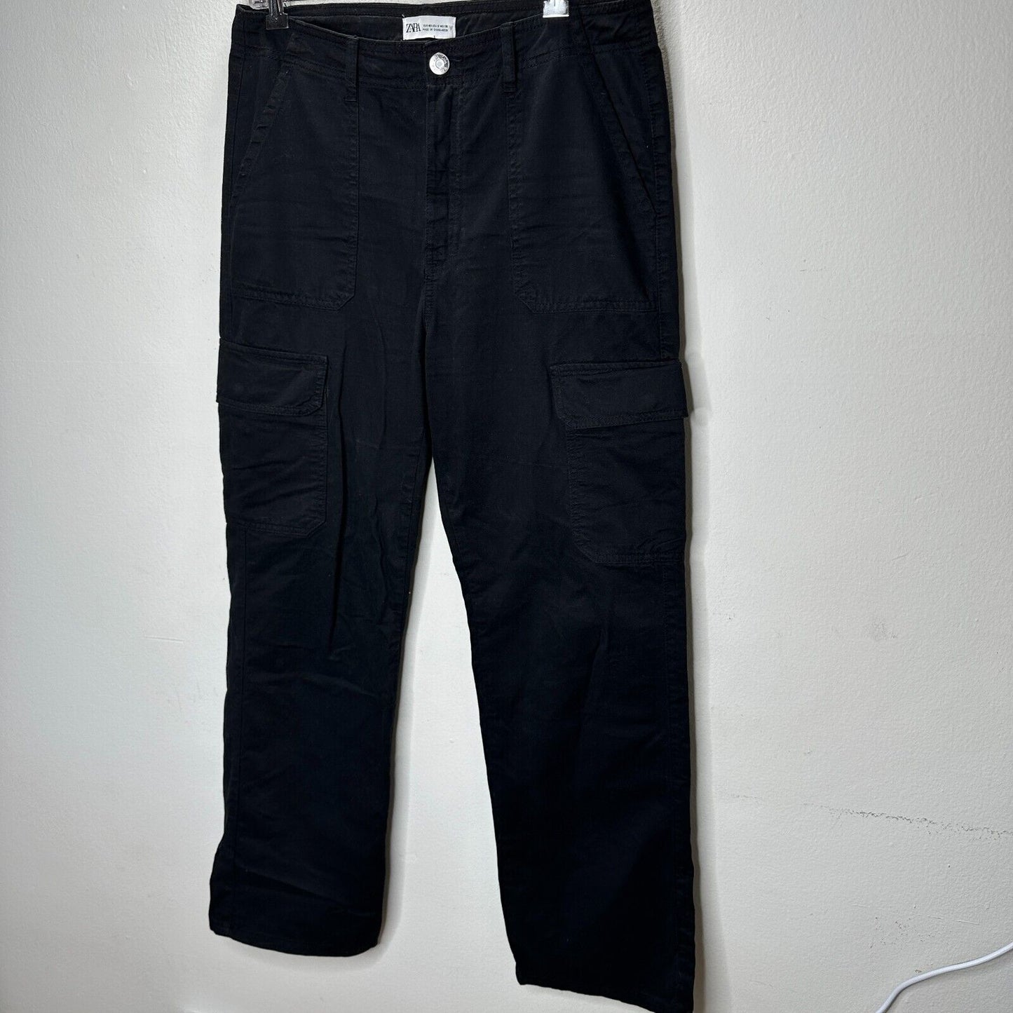 Zara Cute Black Wide Leg Pocketed Utility Cargo Khaki Trouser Pants 8