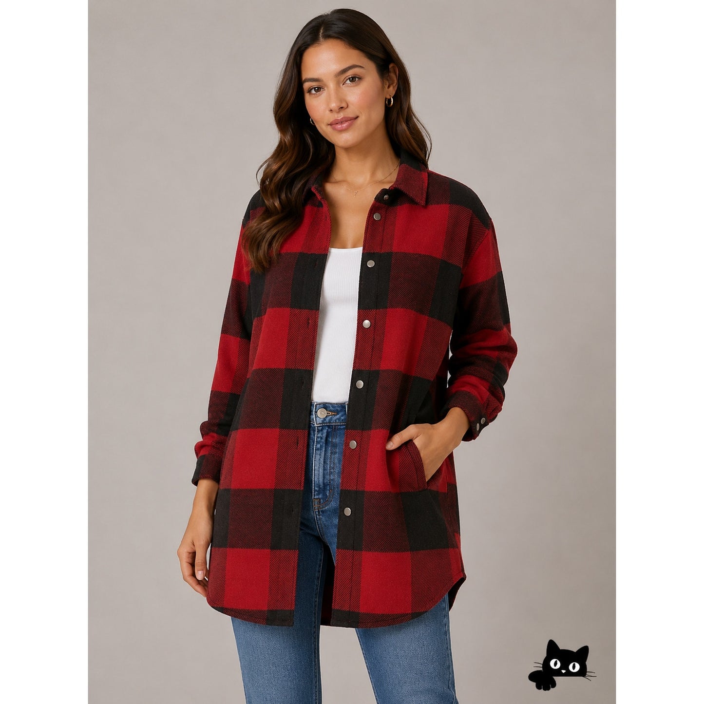 BB Dakota Red Black Buffalo Plaid Snap Front Long Sleeve Shirttail Hem Jacket S
