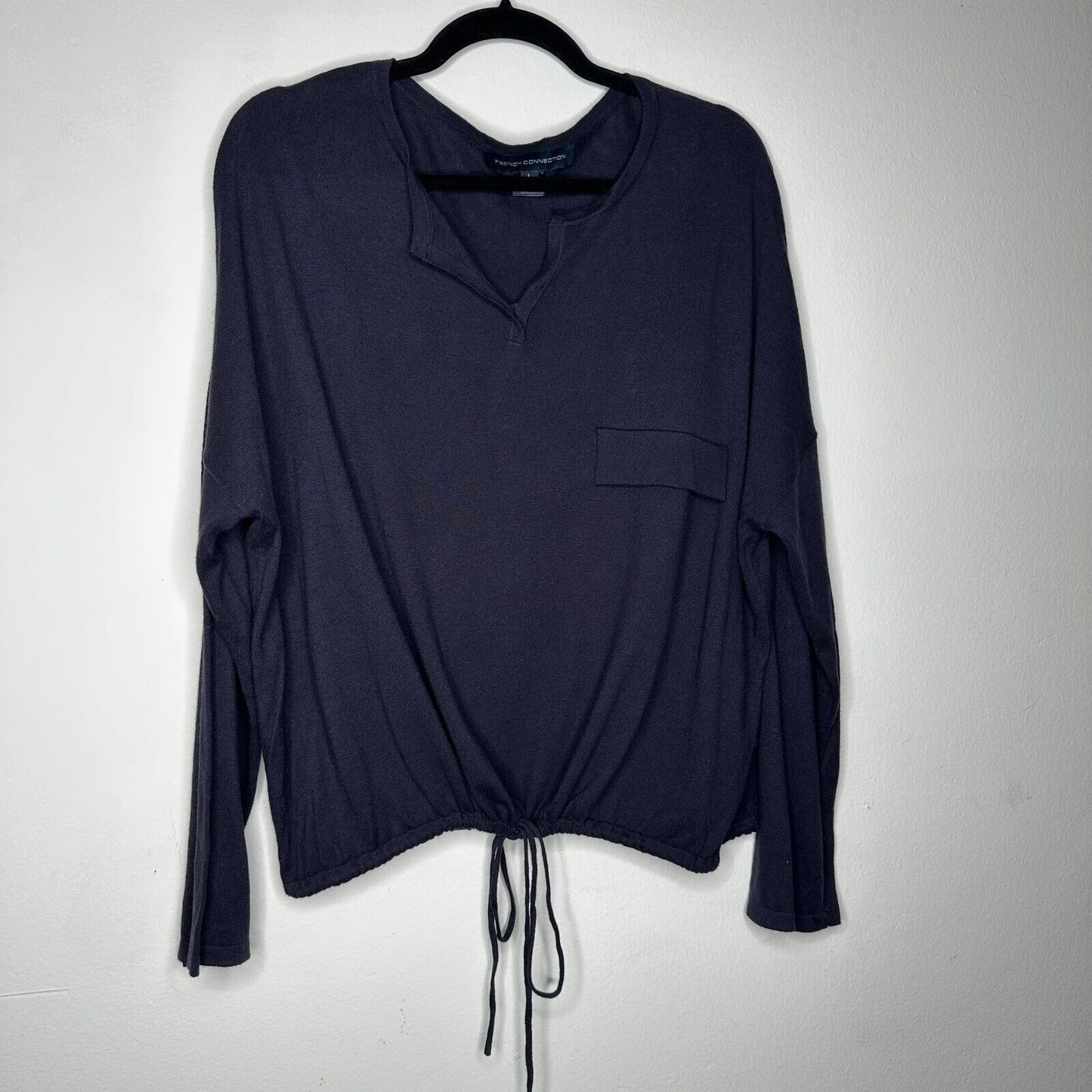French Connection Drawstring Hem Silk Blend Long Sleeve VNeck Navy Sweater L