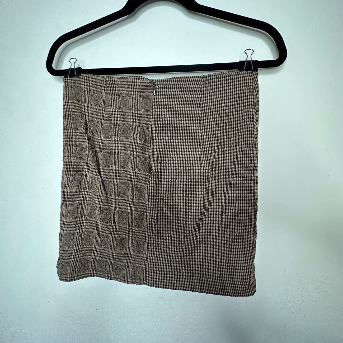 Mango Brown Plaid Checkerboard Mix Fabric Side Ruffle ALine Back Zip Skirt Med
