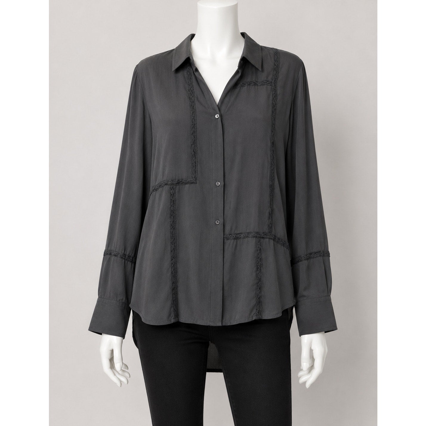 Rails Mona in Black Crepe Lace Long Sleeve Button Collared Shirt L