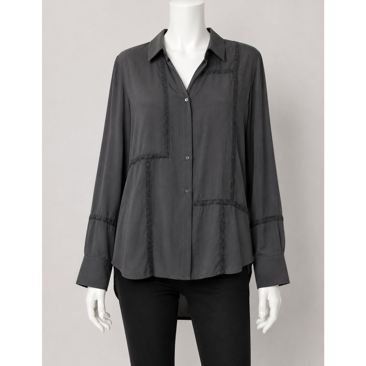 Rails Mona in Black Crepe Lace Long Sleeve Button Collared Shirt L