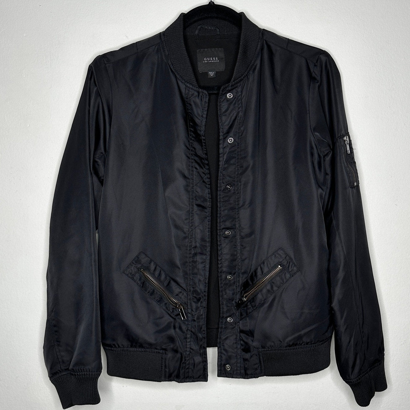 Guess Black Front Snap Bomber Jacket Zip Front & Sleeve Pockets XS