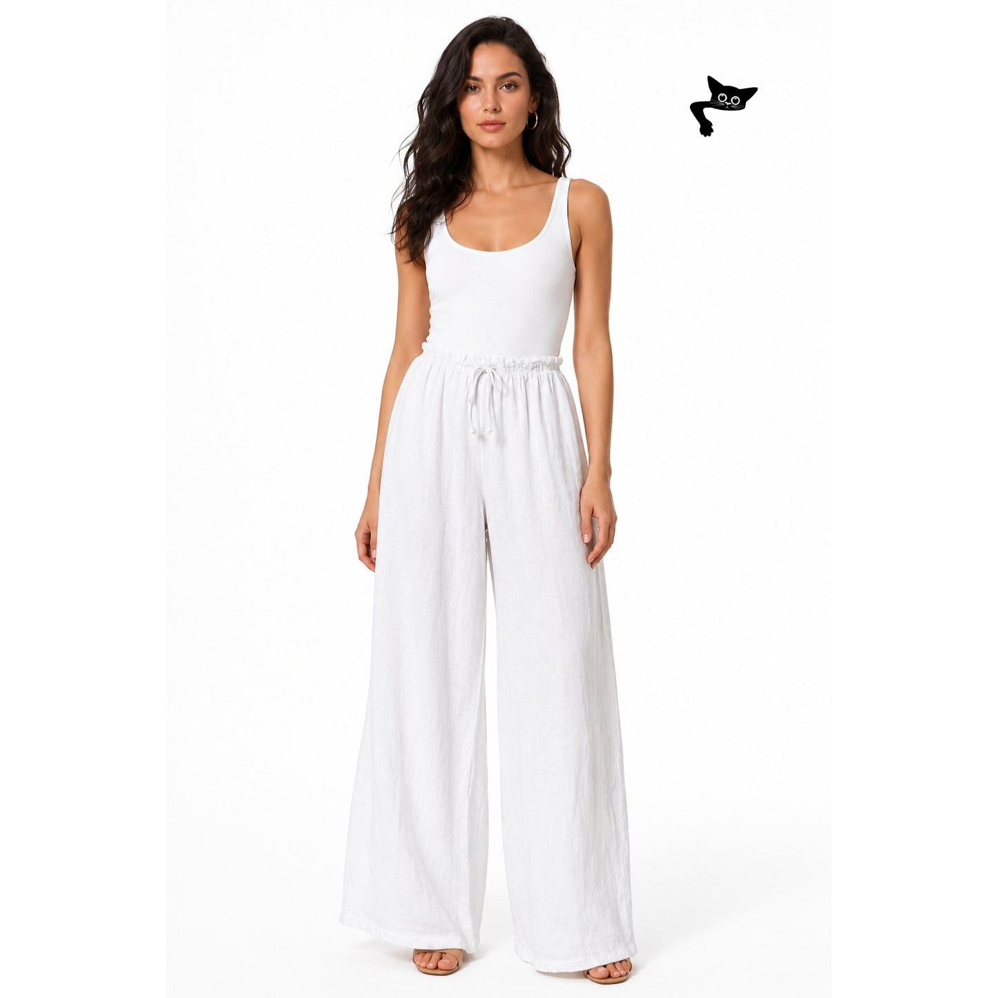 Nati White Linen Wide Leg Palazzo Pants High Rise Drawstring