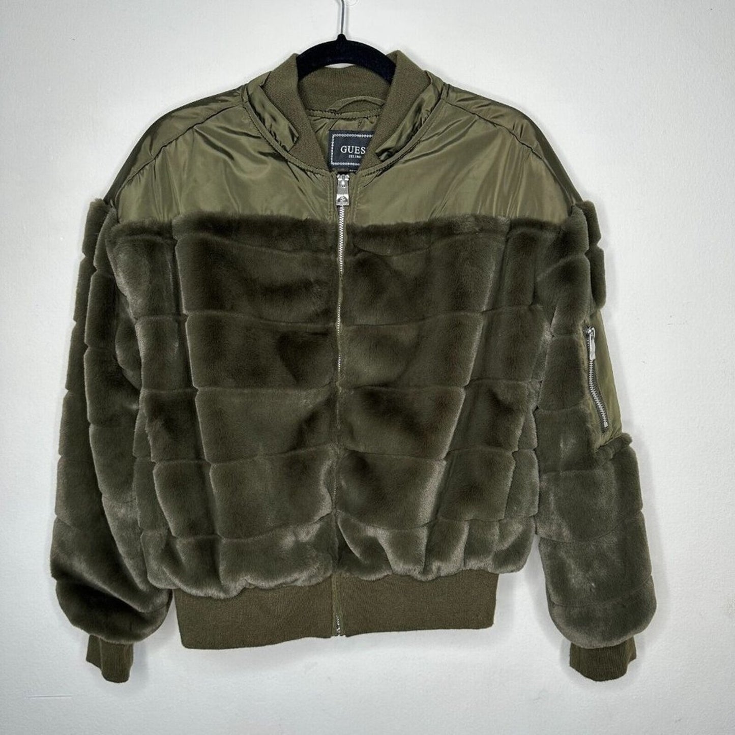 NWOT Guess Felicia Super Soft Olive Green Faux Fur Bomber Jacket Side Pockets XS