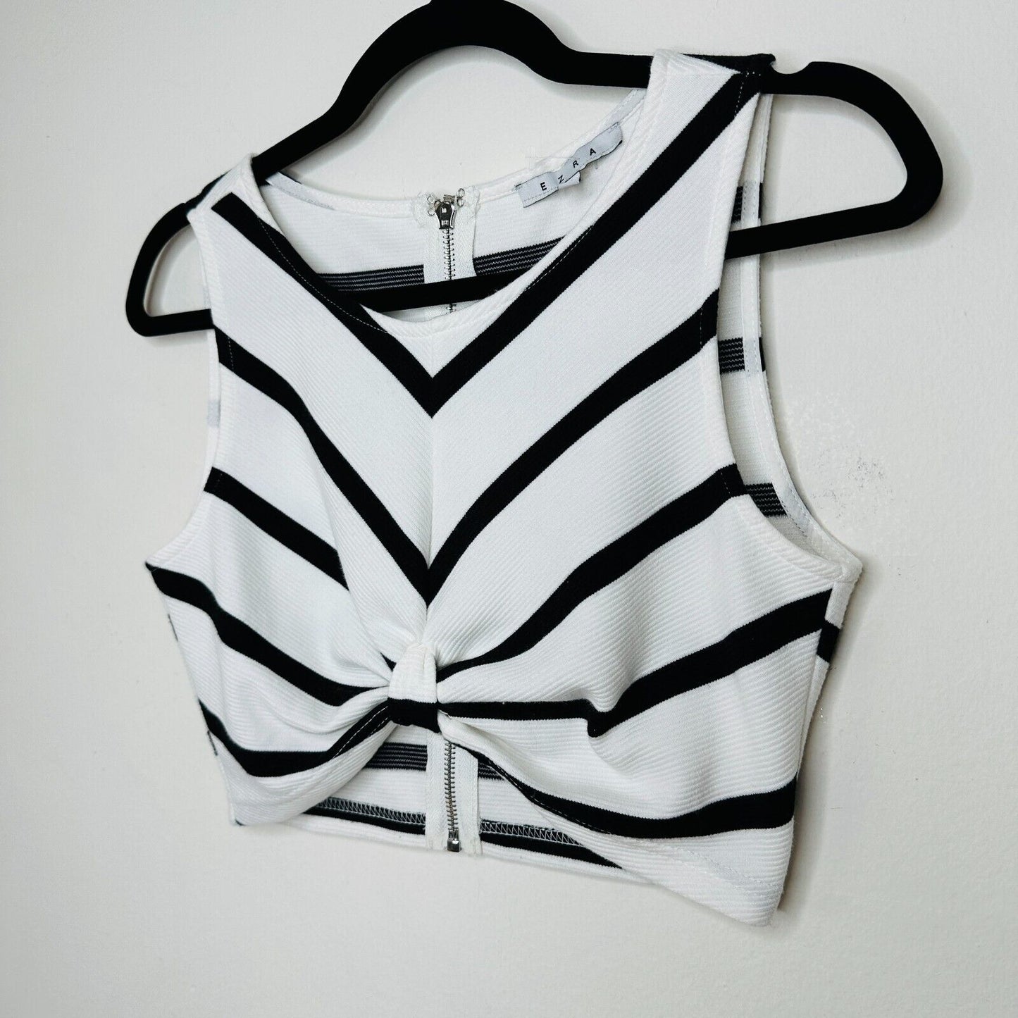Ezra Black & White Striped Sleeveless V-Neck Crop Gathered Front Knot Back Zip S