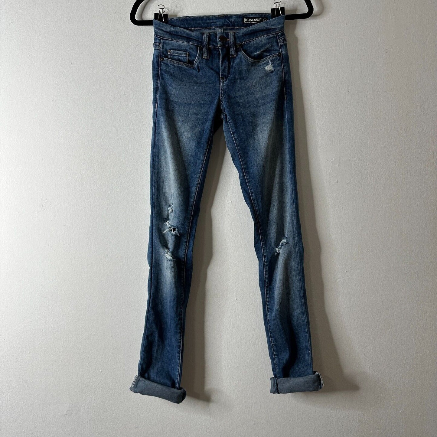 Blank NYC High Cuff Straight Medium Wash Distressed Jeans Low Rise Stretch 24