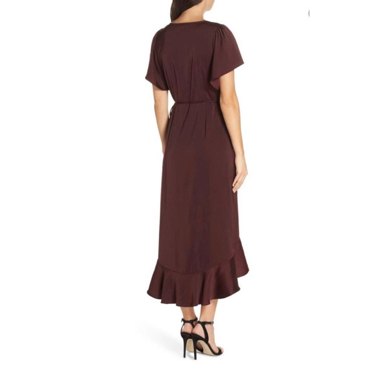Chelsea28 Burgundy Maroon Flutter Sleeve Ruffle V-Neck Wrap Dress S