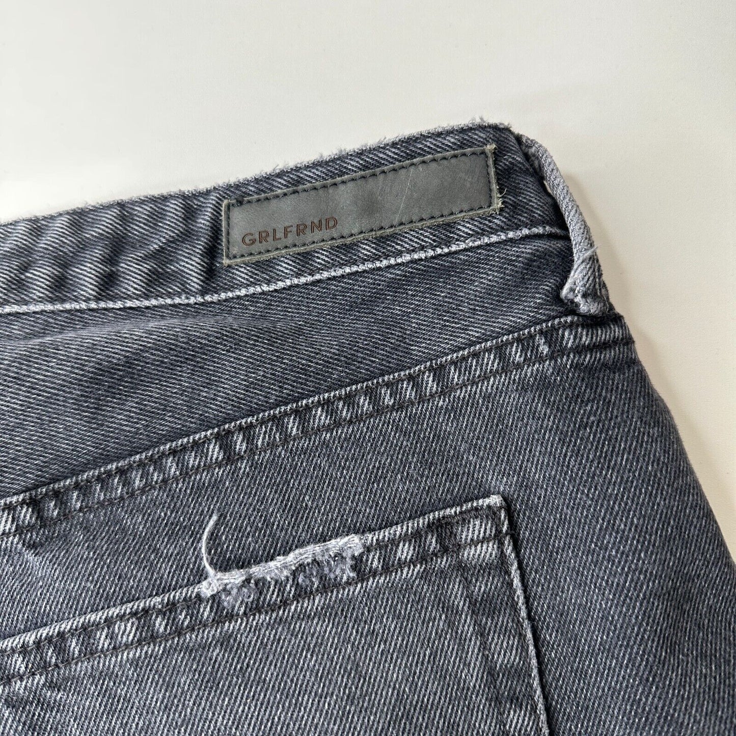 GRLFRND Cindy Hidden Button Fly High Rise Gray Cut-Off Jean Shorts Raw Hem 32