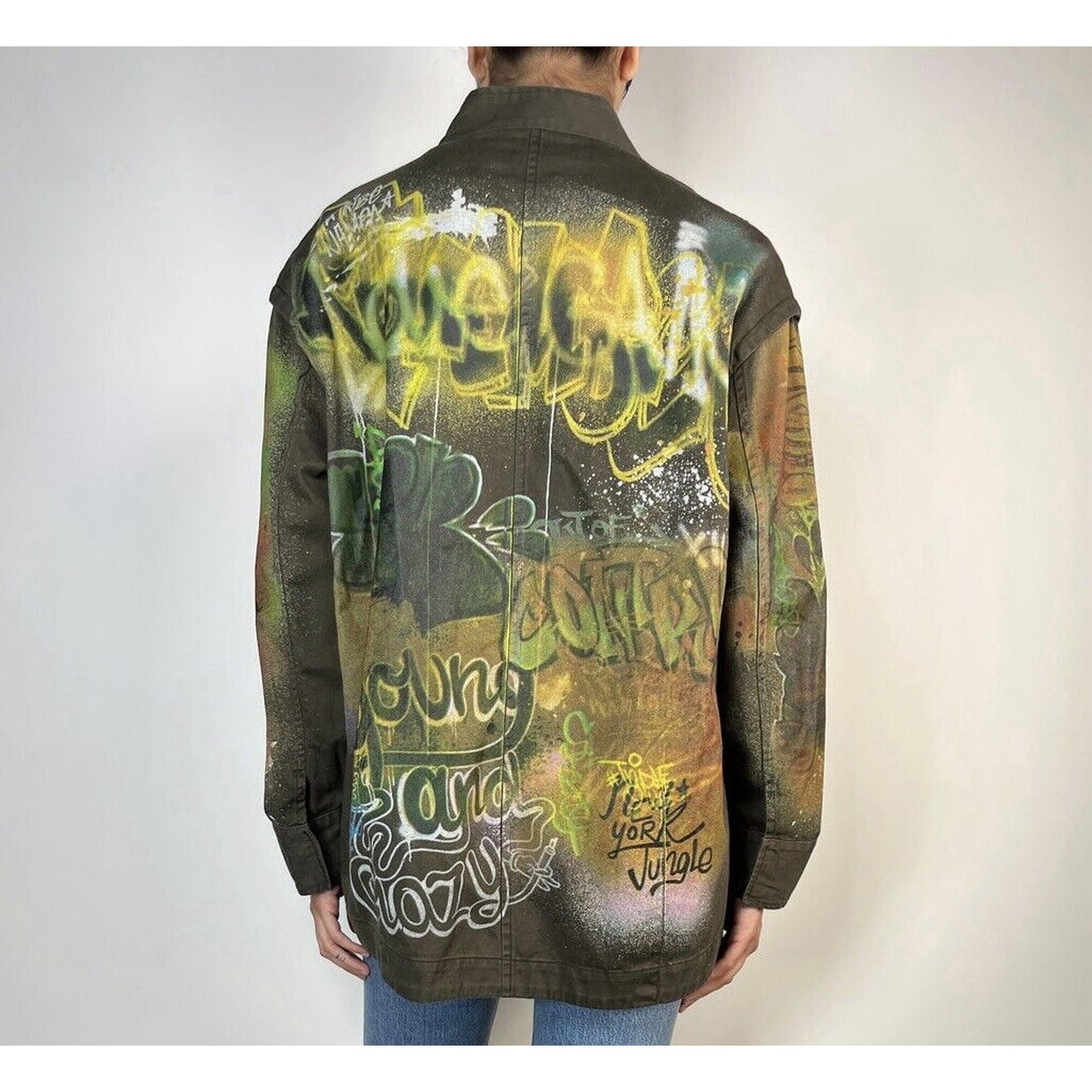 Zara Army Green Grafitti New York Jungle Oversize Zip Utility Jacket 100% Cotton