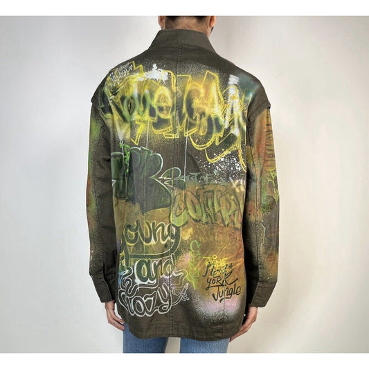 Zara Army Green Grafitti New York Jungle Oversize Zip Utility Jacket 100% Cotton