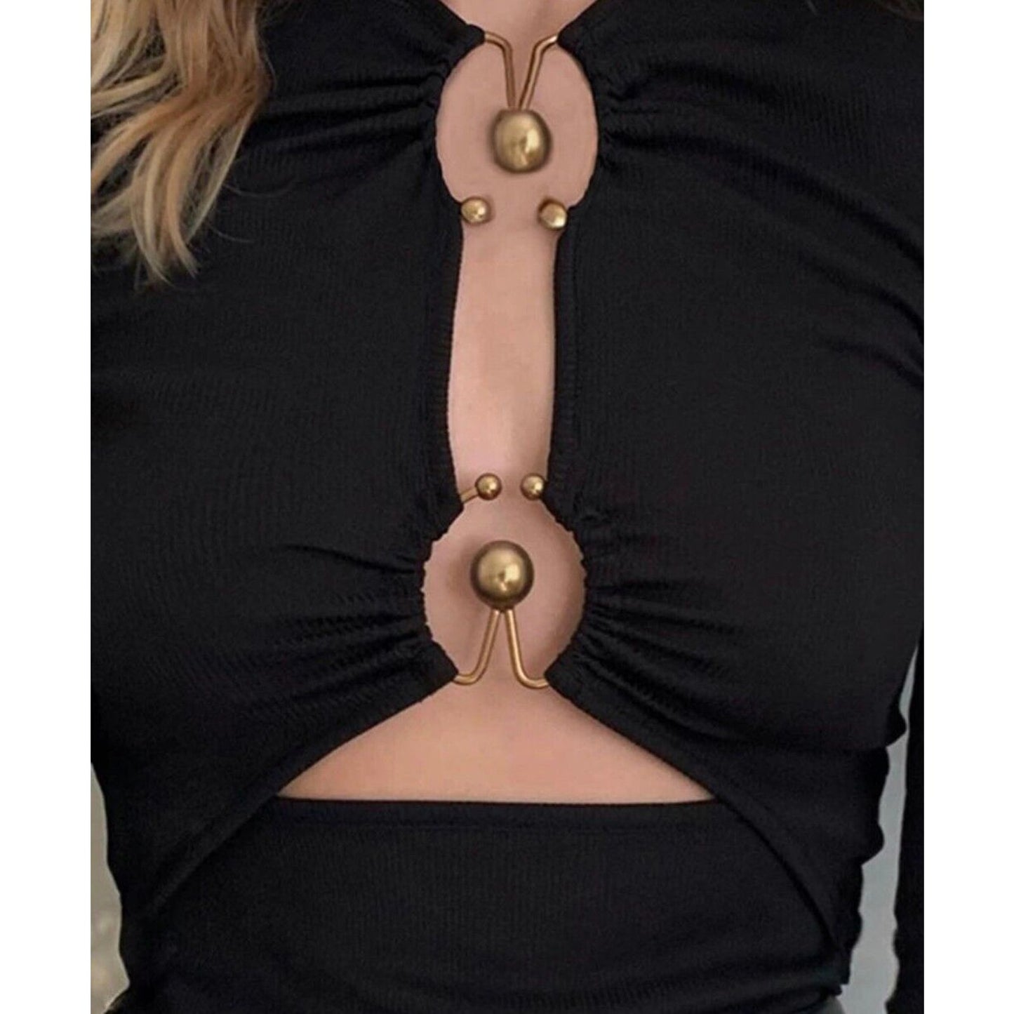 Sophie Anne Keyhole Black Bodysuit Gold Tone Hardware Long Sleeve Rib Knit 2