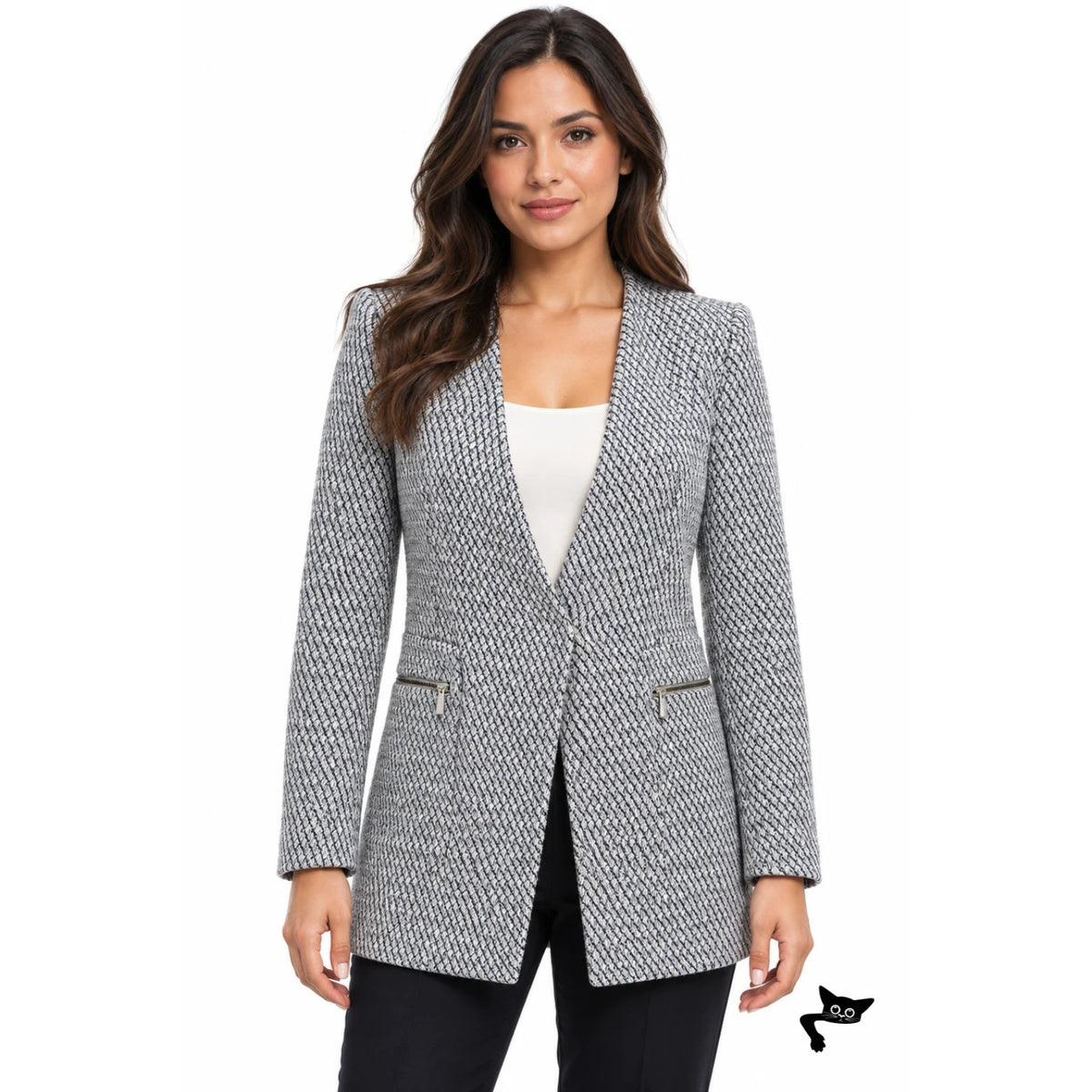 Zara Navy Ivory Tweed Collarless Blazer Women S
