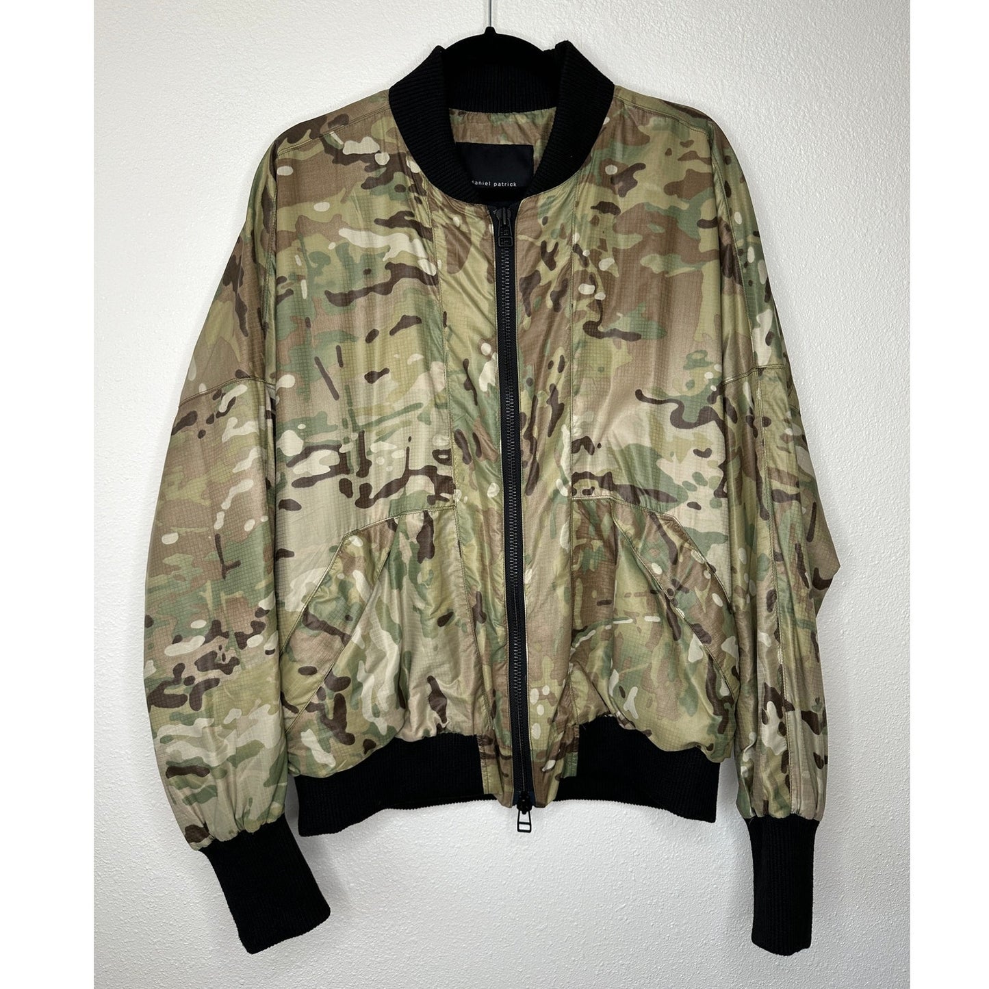 Daniel Patrick Olive Camo Front Split Zip Satin Long Sleeve Bomber Jacket M