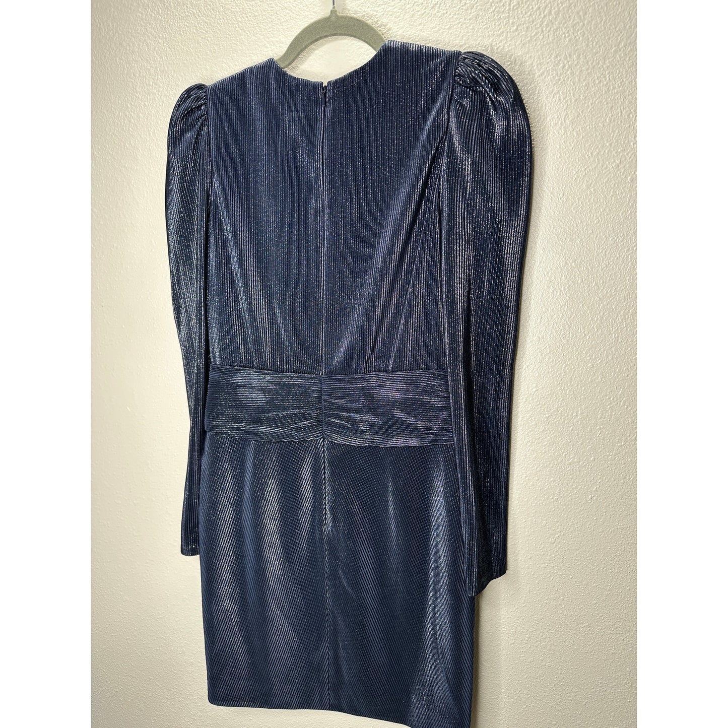 NWT Jonathan Simkhai Navy Metallic Striped Puff Shoulder Tie Waist Dress 2