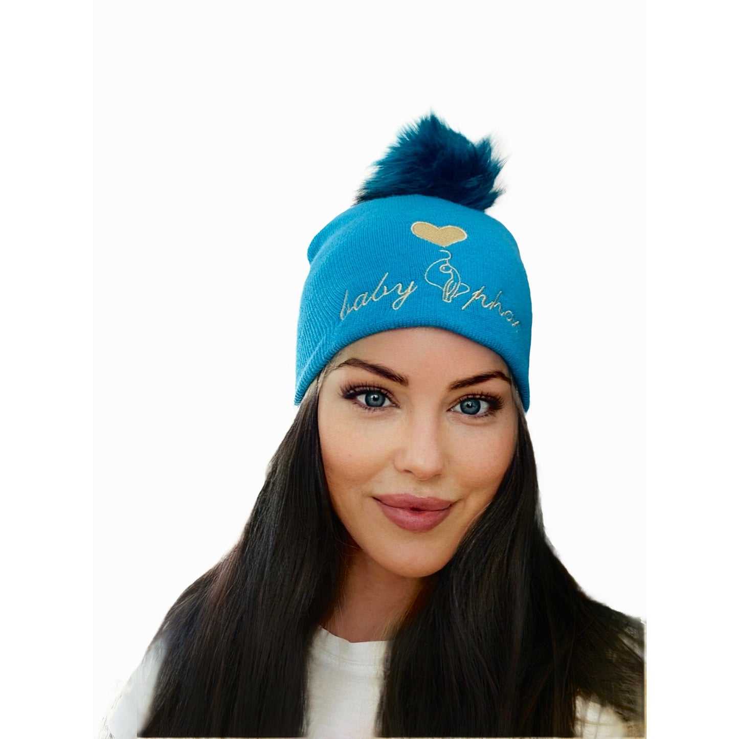 Baby Phat Blue with Gold Logo and Heart Pom Beanie OS