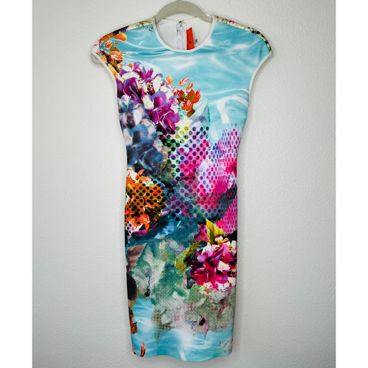 Clover Canyon Pool Flower Neoprene MultiColor Aqua Bodycon Dress XS
