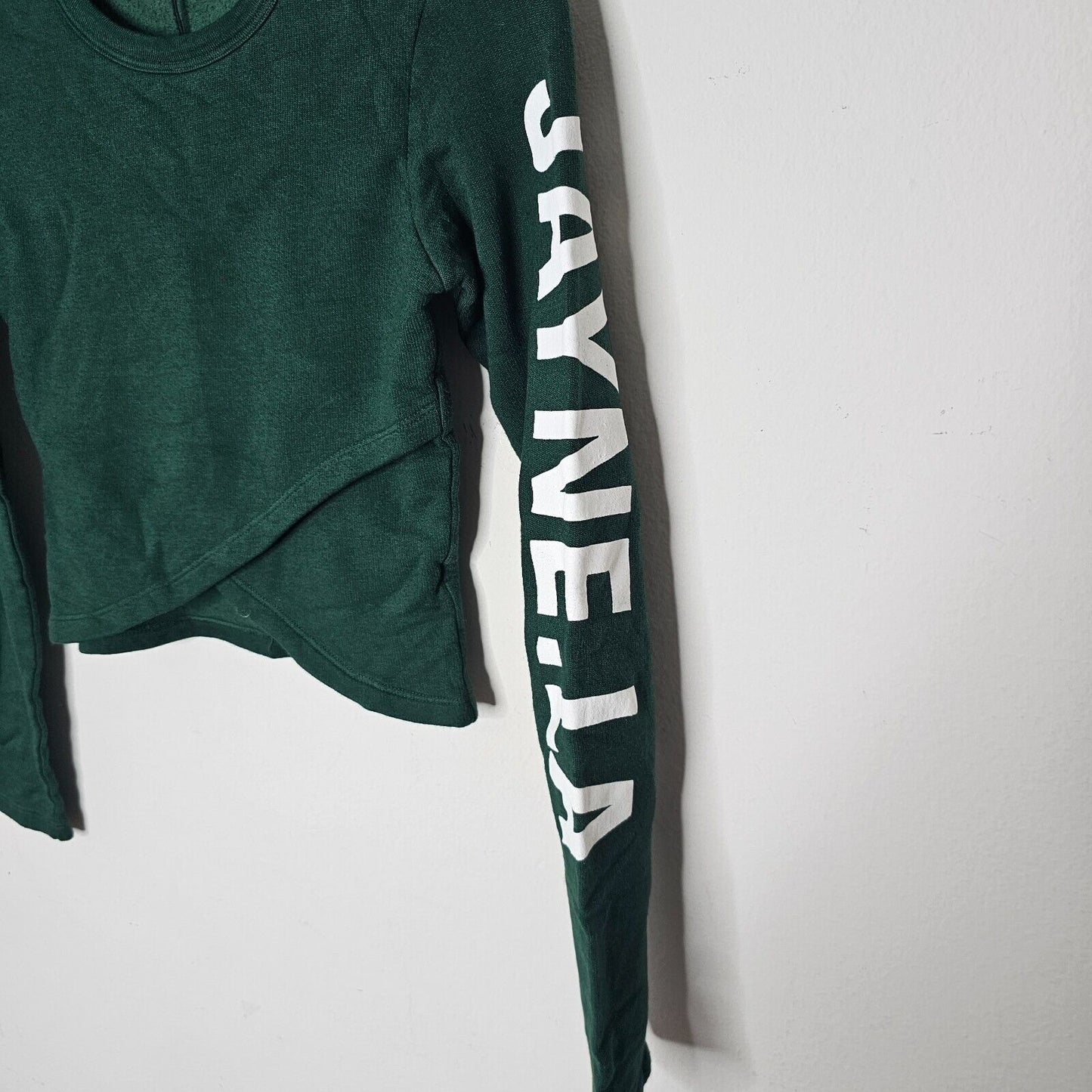 NWOT Monrow Green Faux Wrap Long Sleeve JAYNE.LA Graphic Crop Sweater Small