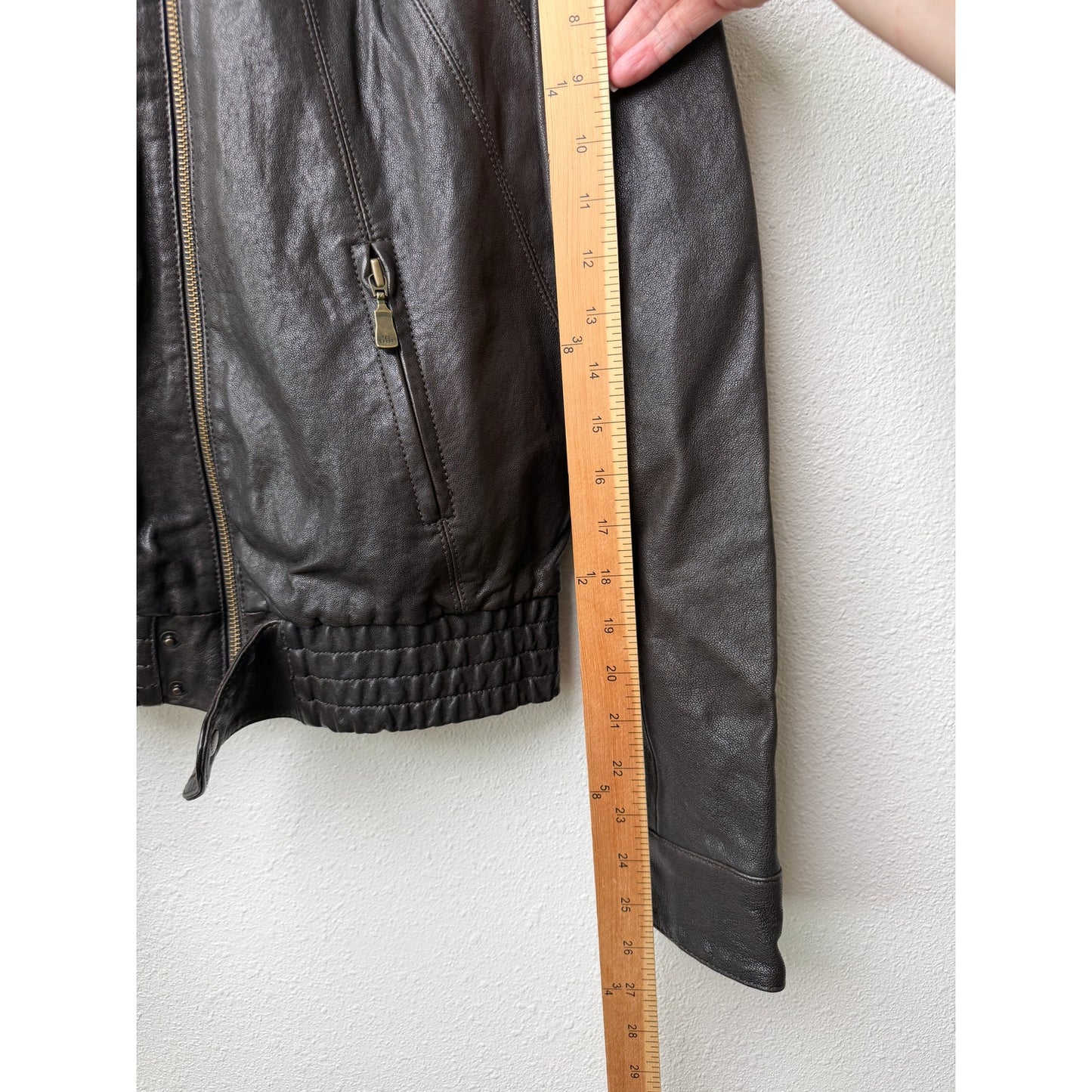 Ted Baker Brown Leather Jacket Womens US 6 Moto Gathered Zip