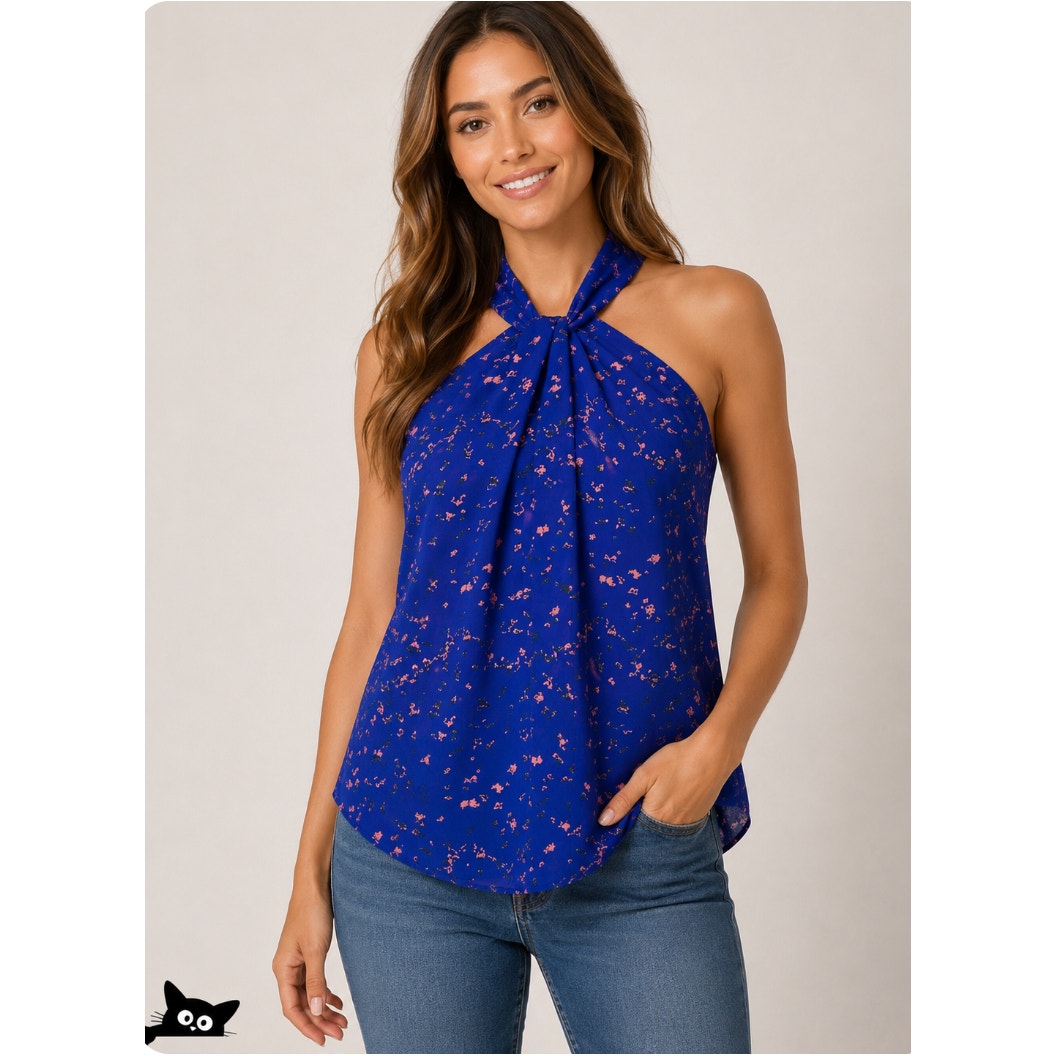 Allison Joy Twist Front Keyhole Halter Back Sleeveless Blue & Peach Tank top XS