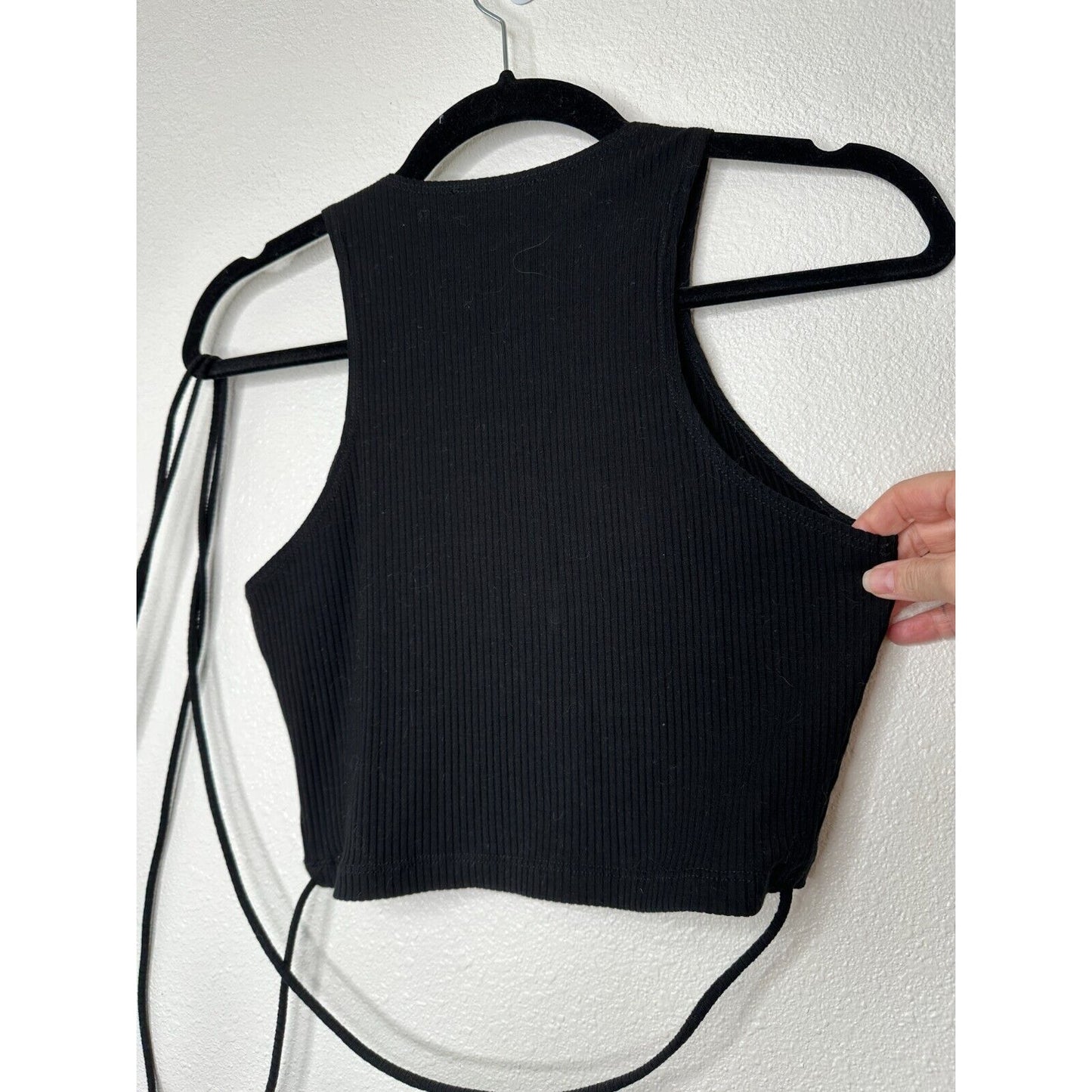 Reformation Yvie Black Ribbed Knit V-Neck Crop Tank Top Tie Wrap Around Waist S
