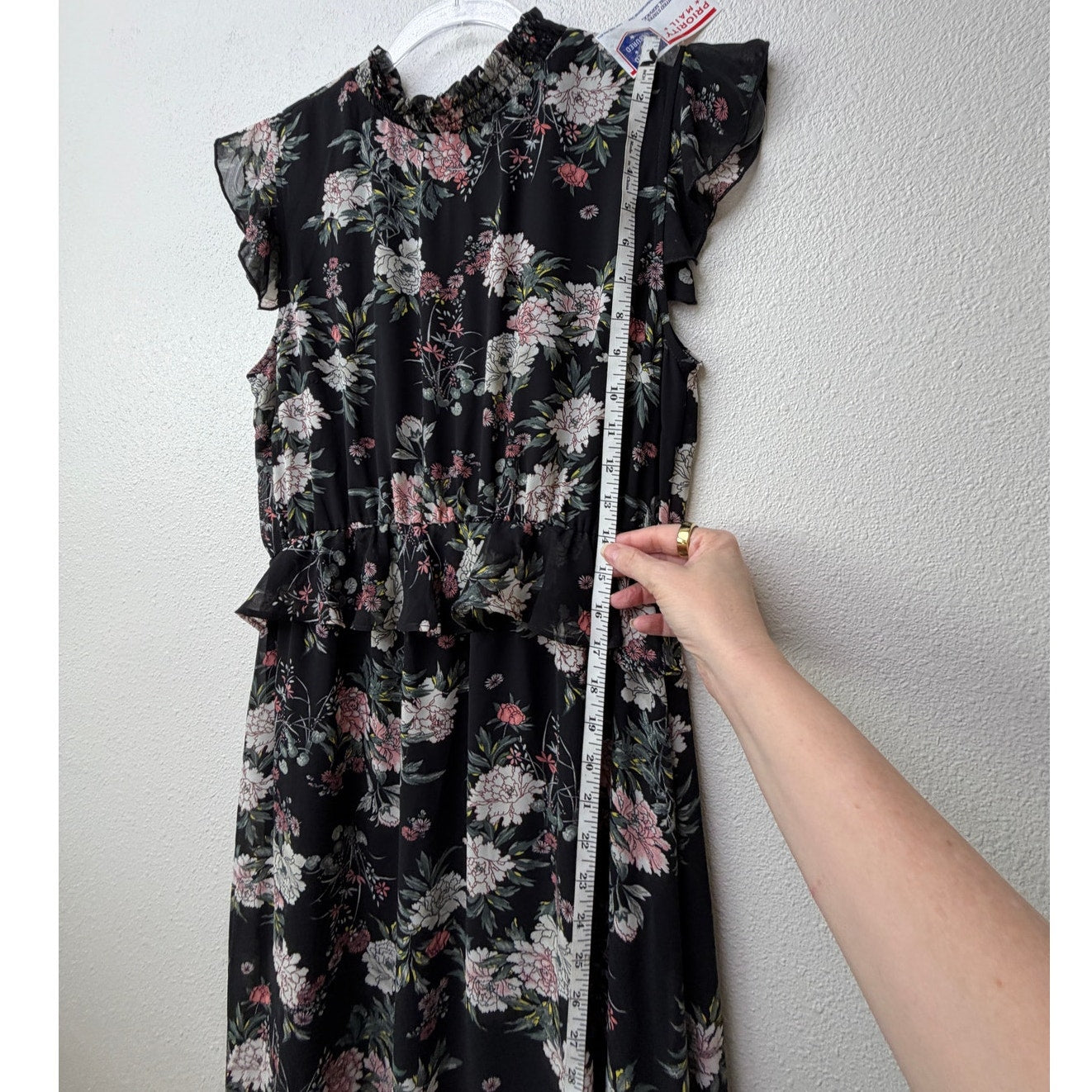 Laissez Faire Floral Midi Dress Smocked Neck Ruffle Sleeveless Size S