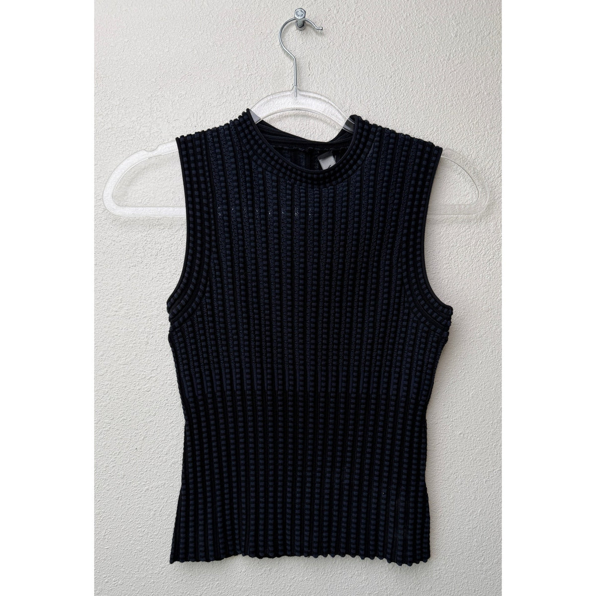 Theory Black Blue Stripe Ribbed Sleeveless Mock Neck Knit Top US S