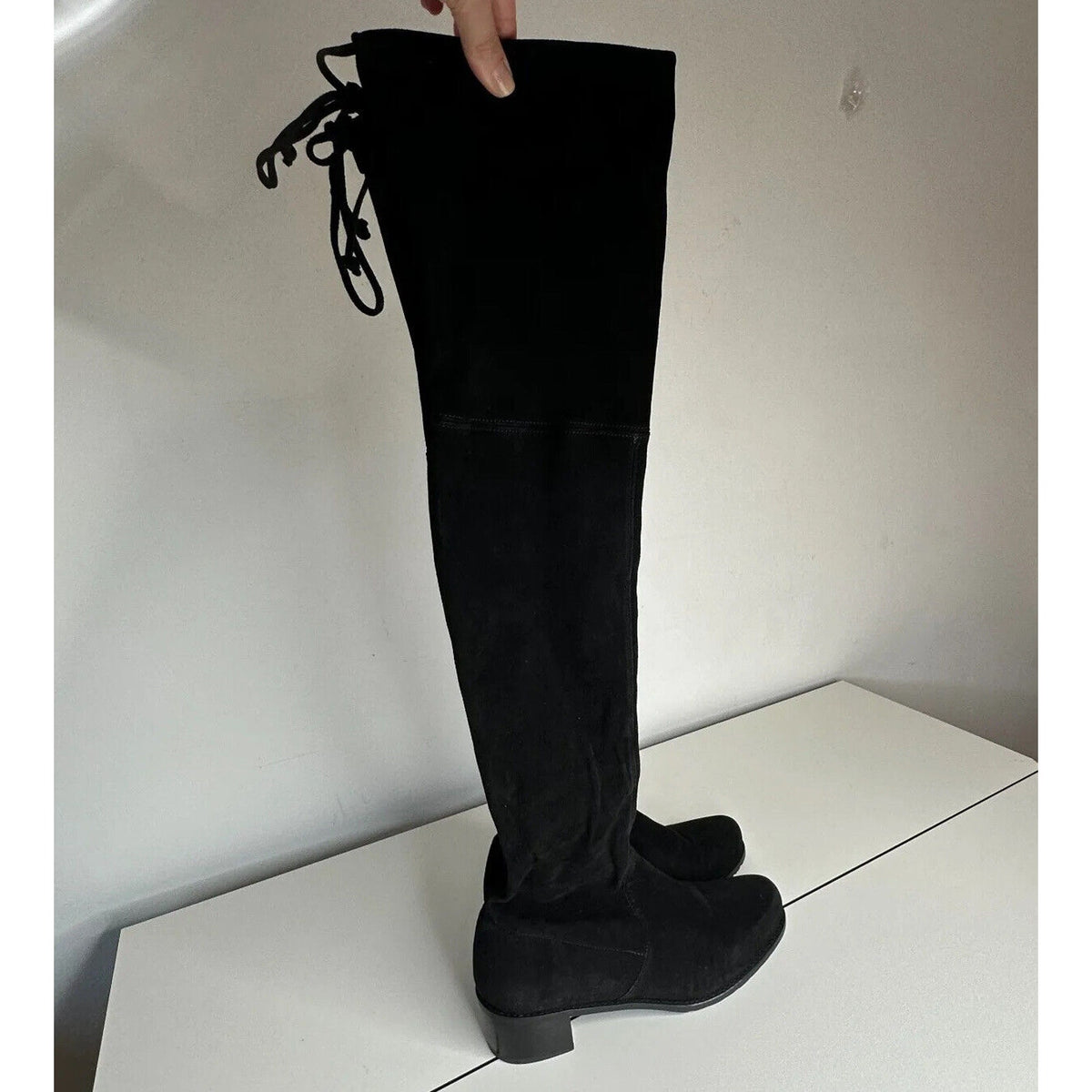 Stuart Weitzman Black Suede Lowland Over-The-Knee Flat Heel Lace up Boots 7