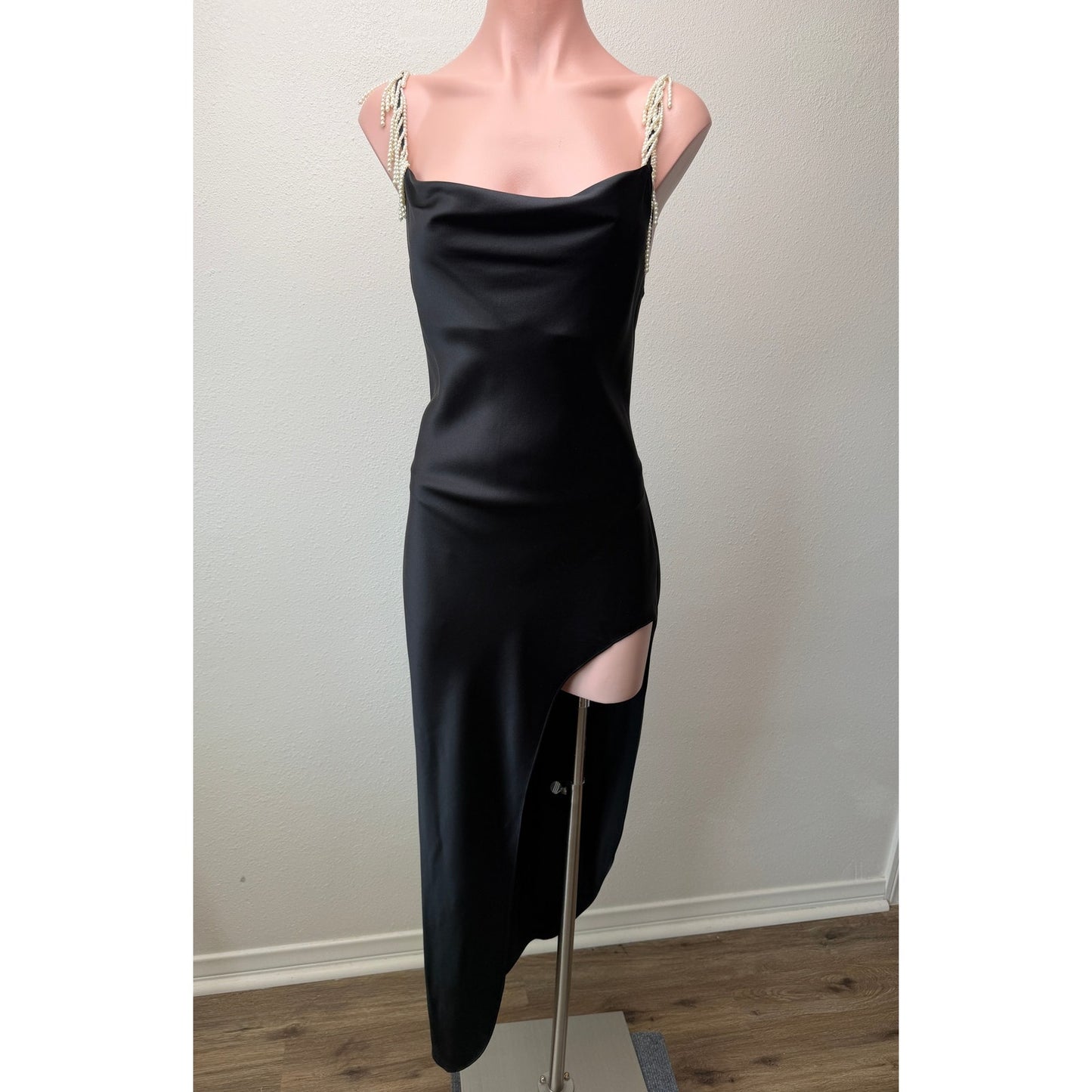 Fleur du Mal Black Silk Pearl Strap High Slit Midi Dress Size S