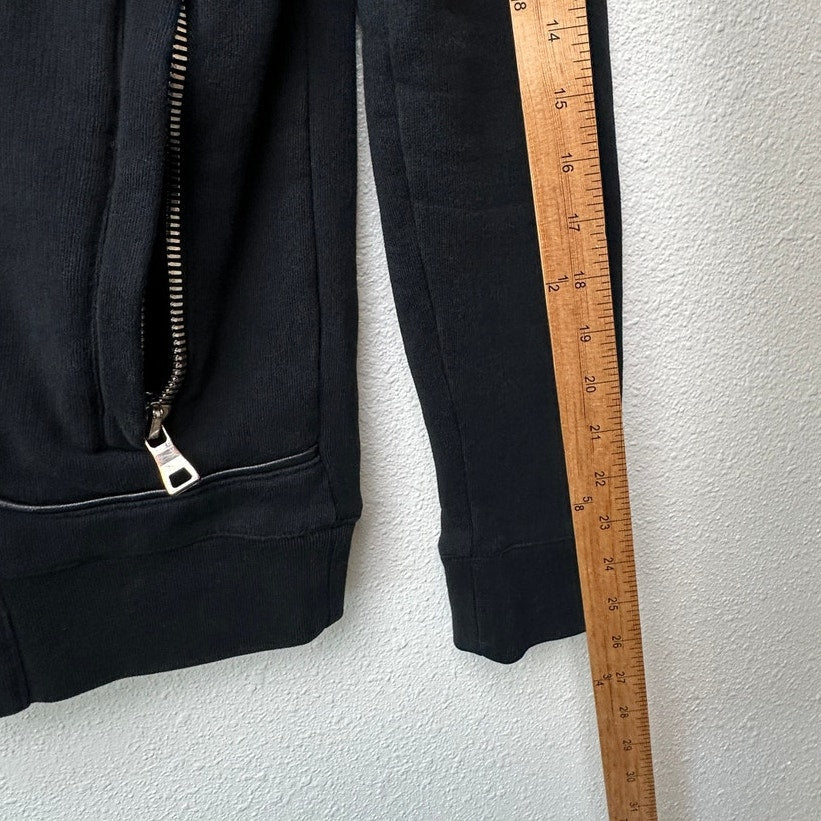 Balmain Black Moto Hoodie Leather-Shoulder Zip Sweatshirt Men M