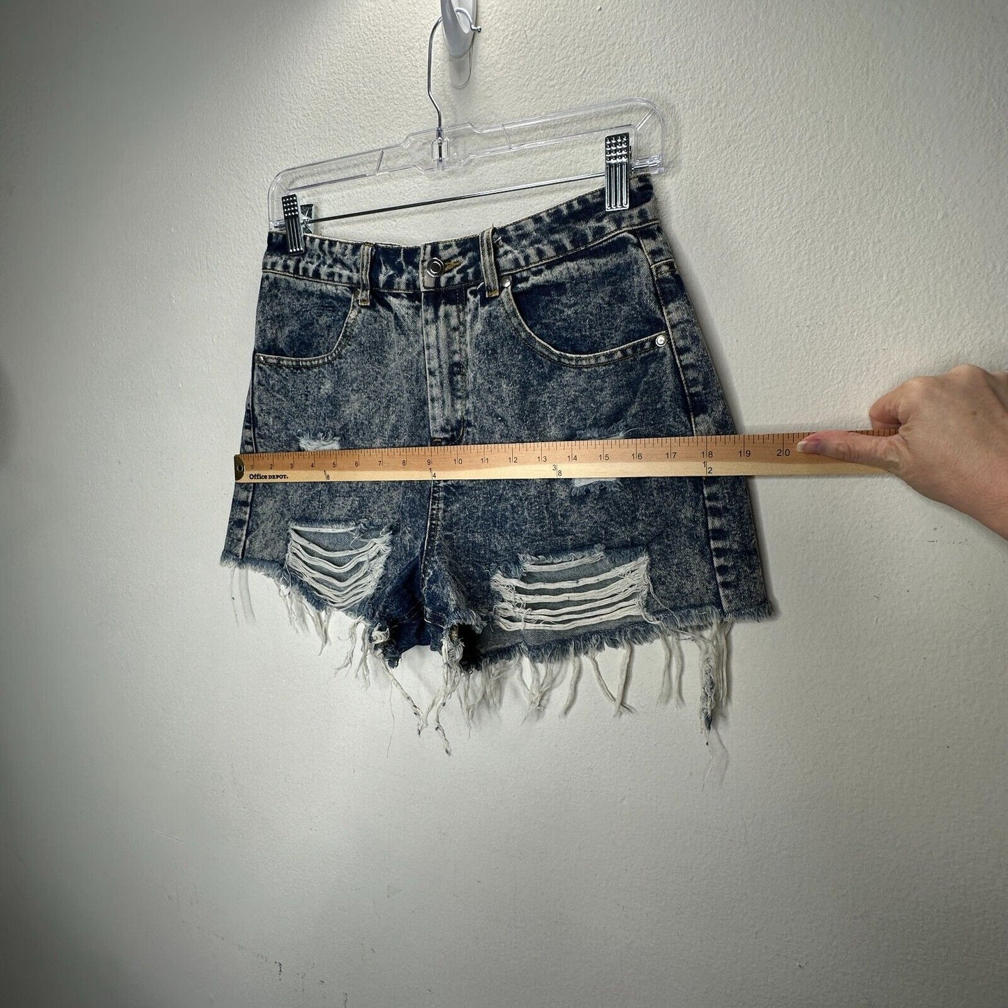 Hyfve Medium Blue Acid Wash Distressed Raw Hem High Waist Jean Shorts M