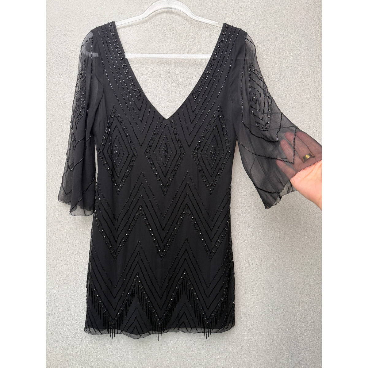 Alice + Olivia Black Beaded V Neck Mini Dress Women US 4