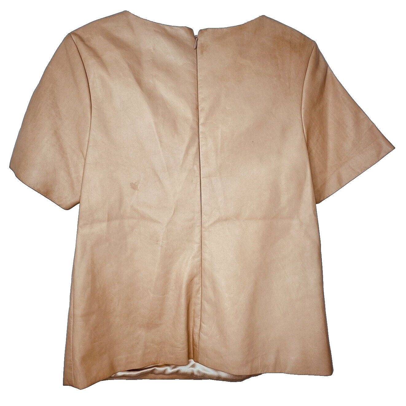 RARE August Getty Tan Leather Short Sleeve Round Neck Back Zip Silk Lining Top 4