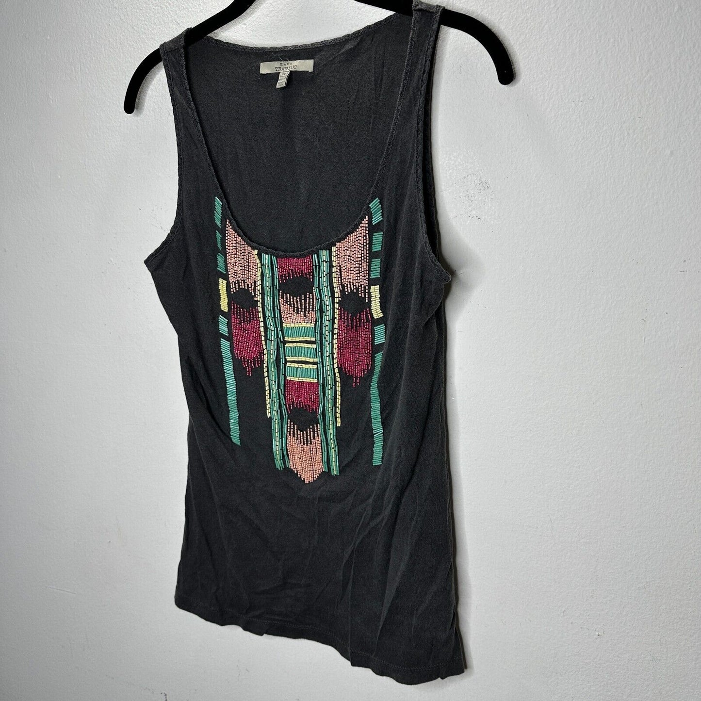 Zara Trafaluc Gray Multicolor Teal Pink Yellow Beaded Aztec Design Tank Top SM