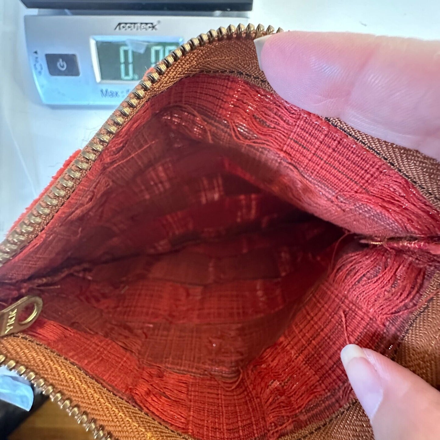 Rust Orange Velvet Checked Gold Chain Strap Zipper Top Slim Mini Purse