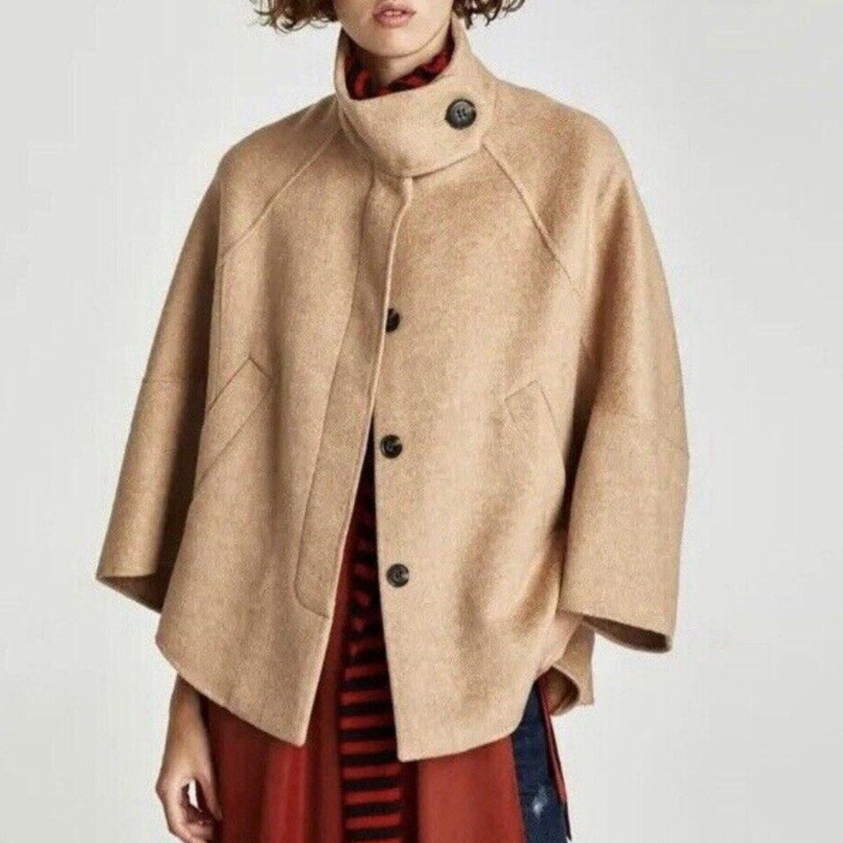 Zara Tan Fuzzy 3/4 Sleeve High Low Front Button Jacket Small