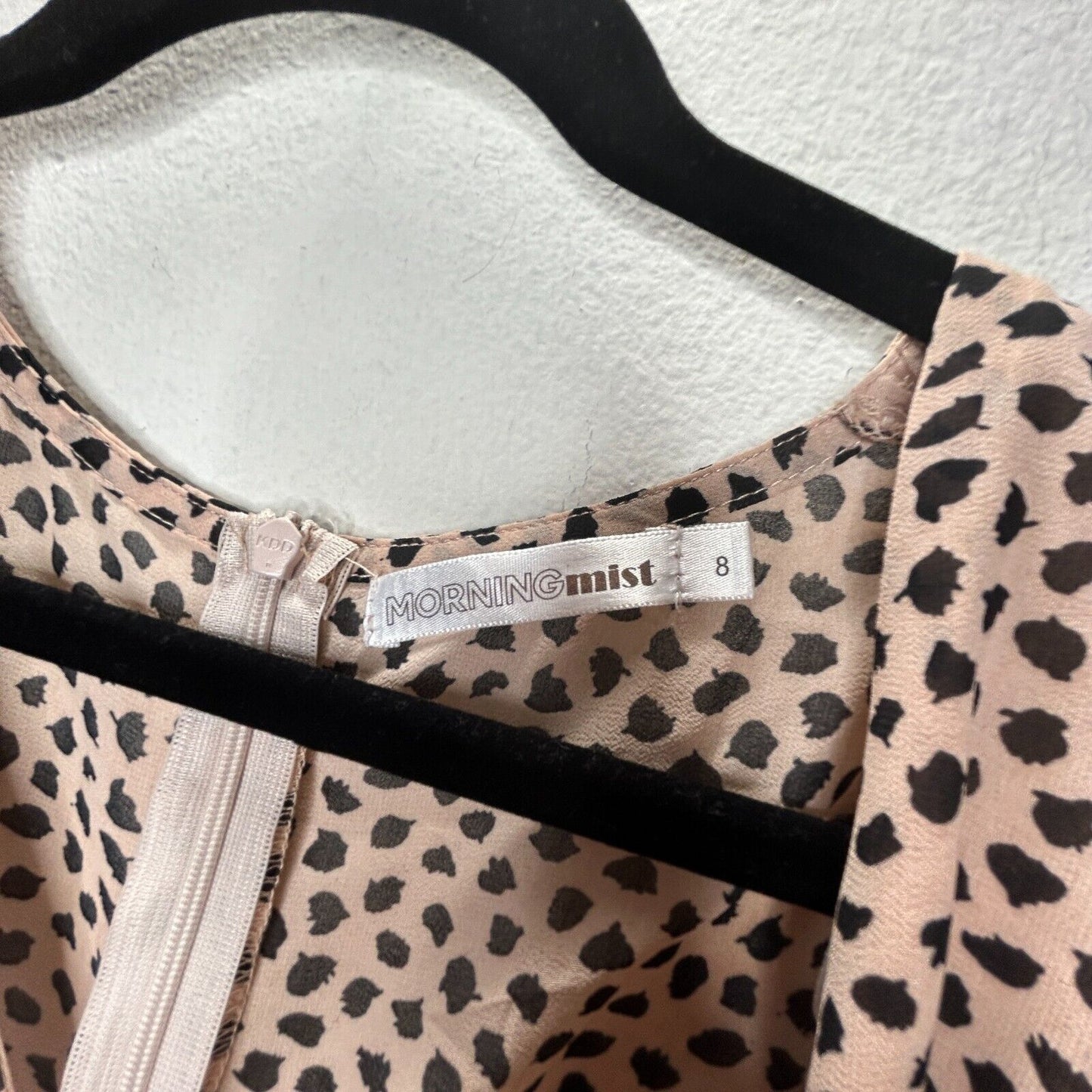 Morning Mist Peach Black Polka Dot Splotch Lined VNeck Short Sleeve Mini Dress S