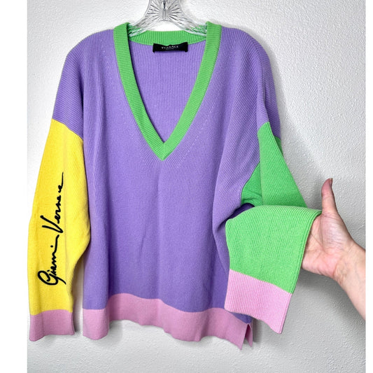 Versace Colorblock Cashmere V-Neck Sweater Purple/Green Women’s S IT38