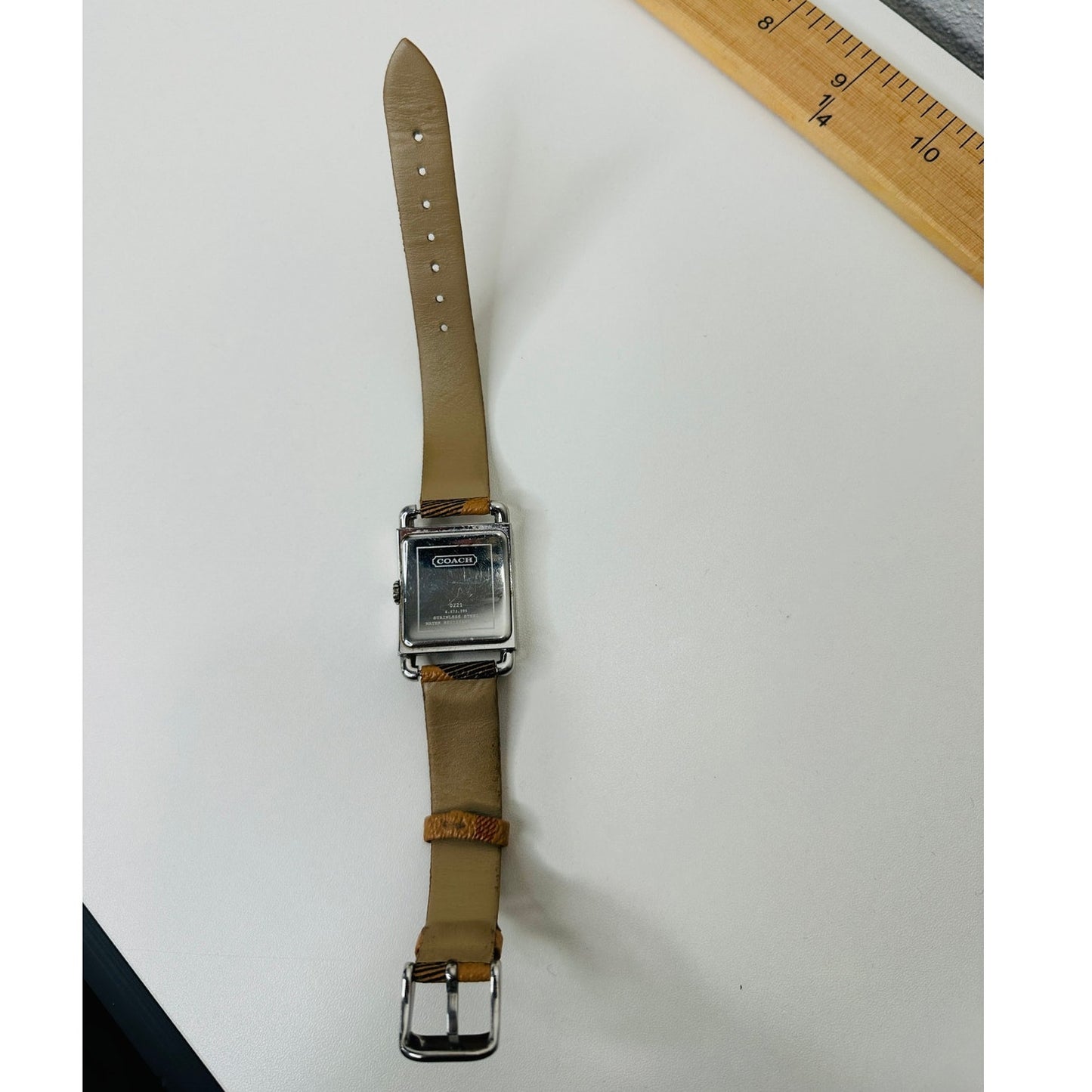 Coach Silver Square Bronze Face Watch Tan Plaid Watchband