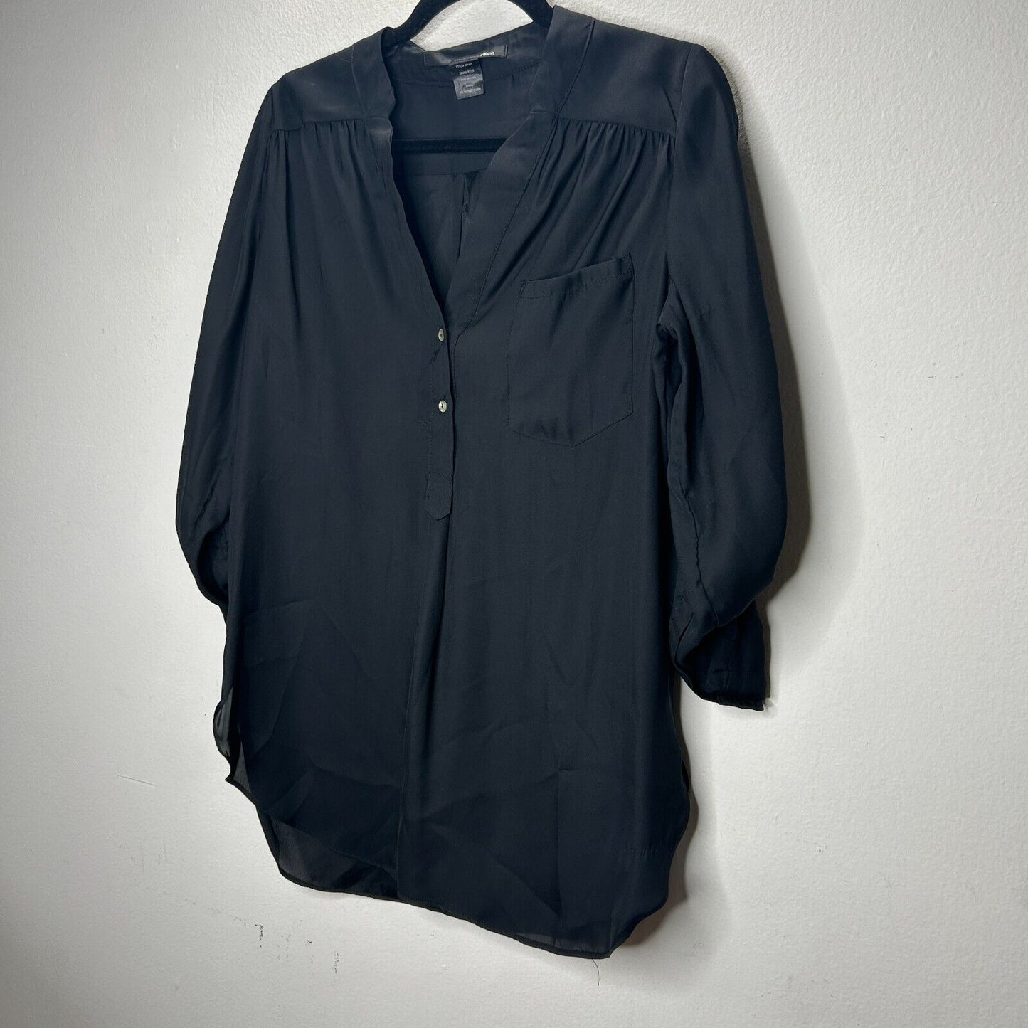 Ellison Black Satin V-Neck Front Button with Pockets Long Sleeve Blouse S