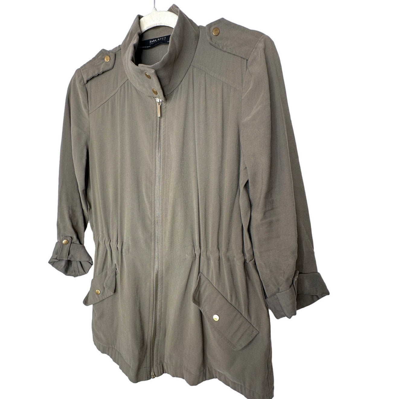 Zara Olive Green 3/4 Cuffed Sleeve Collared Zip Cinch Waist Jacket XS