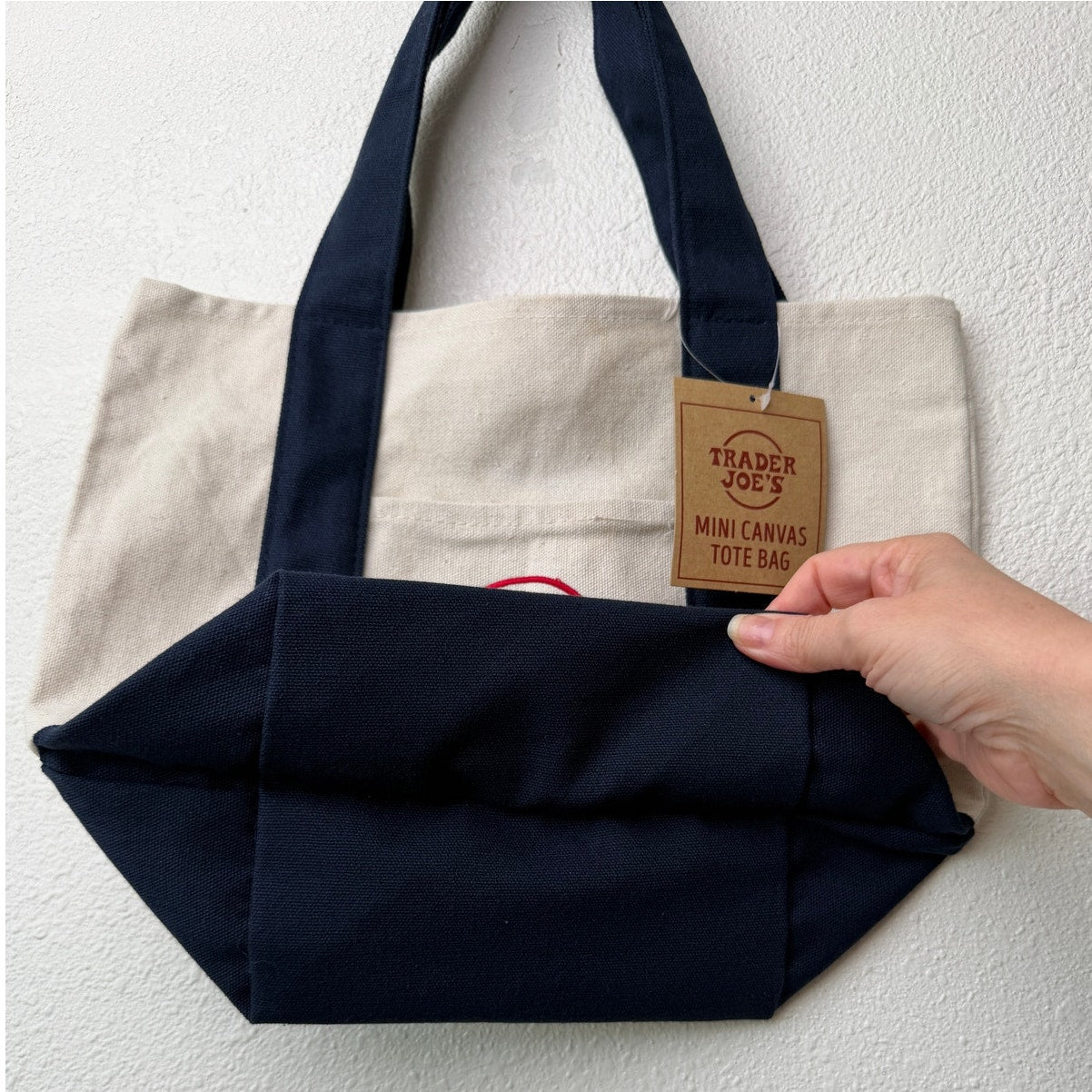 NWT Trader Joe’s Mini Canvas Tote Bag Navy Cream Red Logo Grocery Shopper