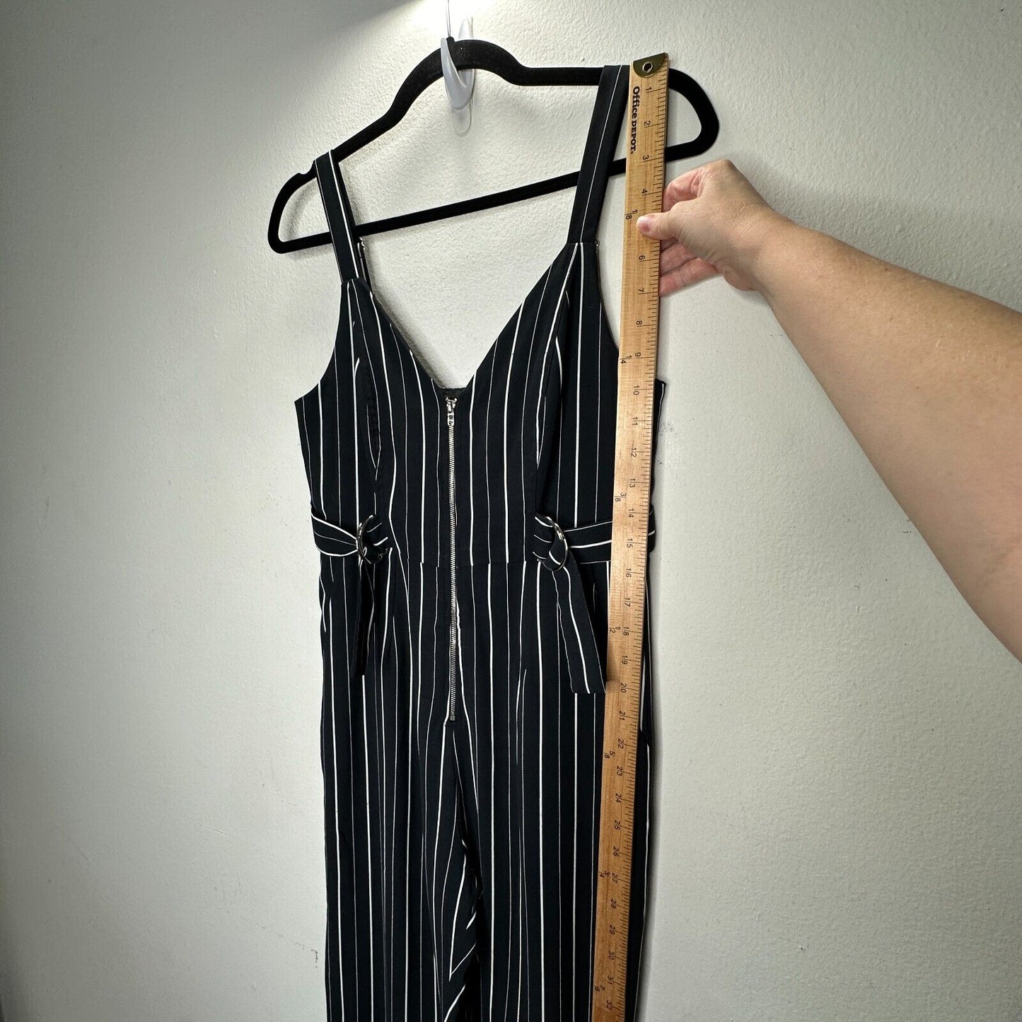 Dance & Marvel Black & White Pinstripe Cinched Sides Wide Leg Front Zip Jumpsuit